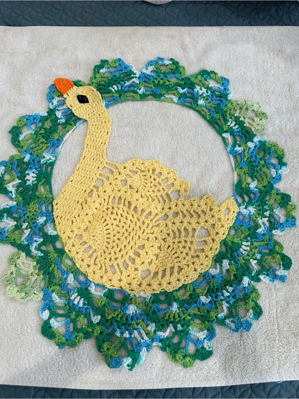Handmade Yellow Swan Crochet Doily with Green Blue Ruffle